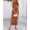 imageBTFBM Womens Knit Bodycon Midi Dress Casual Sleeveless Cover Up Dresses Crew Neck Side Slit Tank Summer Dresses 2025Brown