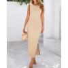 imageBTFBM Womens Knit Bodycon Midi Dress Casual Sleeveless Cover Up Dresses Crew Neck Side Slit Tank Summer Dresses 2025Light Khaki