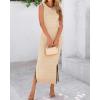 imageBTFBM Womens Knit Bodycon Midi Dress Casual Sleeveless Cover Up Dresses Crew Neck Side Slit Tank Summer Dresses 2025Light Khaki