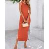 imageBTFBM Womens Knit Bodycon Midi Dress Casual Sleeveless Cover Up Dresses Crew Neck Side Slit Tank Summer Dresses 2025Orange
