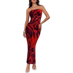 imageBTFBM Womens Floral Maxi Dresses Summer 2025 Strapless Tube Bodycon Mesh Layered Cocktail Party Wedding Guest DressFloral Red