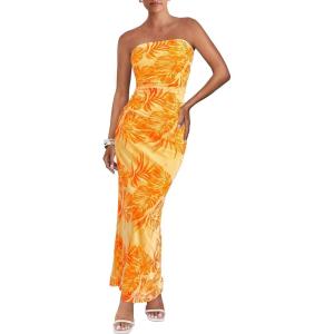 imageBTFBM Womens Floral Maxi Dresses Summer 2025 Strapless Tube Bodycon Mesh Layered Cocktail Party Wedding Guest DressLeaves Yellow