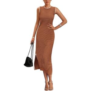 imageBTFBM Womens Knit Bodycon Midi Dress Casual Sleeveless Cover Up Dresses Crew Neck Side Slit Tank Summer Dresses 2025Brown