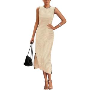 imageBTFBM Womens Knit Bodycon Midi Dress Casual Sleeveless Cover Up Dresses Crew Neck Side Slit Tank Summer Dresses 2025Light Khaki