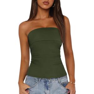 imageBTFBM Womens Strapless Tube Tops 2025 Summer Trendy Casual Ruched Stretchy Going Out Bodycon Bandeau TopArmy Green