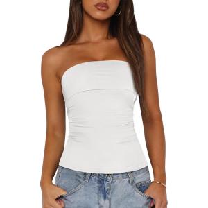 imageBTFBM Womens Strapless Tube Tops 2025 Summer Trendy Casual Ruched Stretchy Going Out Bodycon Bandeau TopBeige White