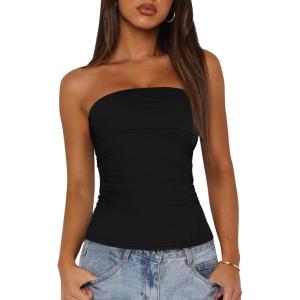 imageBTFBM Womens Strapless Tube Tops 2025 Summer Trendy Casual Ruched Stretchy Going Out Bodycon Bandeau TopBlack