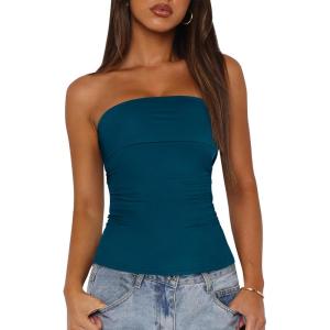 imageBTFBM Womens Strapless Tube Tops 2025 Summer Trendy Casual Ruched Stretchy Going Out Bodycon Bandeau TopDark Blue