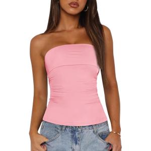 imageBTFBM Womens Strapless Tube Tops 2025 Summer Trendy Casual Ruched Stretchy Going Out Bodycon Bandeau TopPink