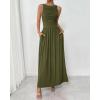 imageBTFBM Women 2025 Summer Sleeveless Ruched Maxi Dresses Boat Neck High Waist Wedding Guest Cocktail Tank Dress PocketsArmy Green