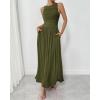 imageBTFBM Women 2025 Summer Sleeveless Ruched Maxi Dresses Boat Neck High Waist Wedding Guest Cocktail Tank Dress PocketsArmy Green