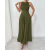 imageBTFBM Women 2025 Summer Sleeveless Ruched Maxi Dresses Boat Neck High Waist Wedding Guest Cocktail Tank Dress PocketsArmy Green