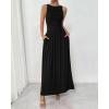 imageBTFBM Women 2025 Summer Sleeveless Ruched Maxi Dresses Boat Neck High Waist Wedding Guest Cocktail Tank Dress PocketsBlack