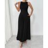imageBTFBM Women 2025 Summer Sleeveless Ruched Maxi Dresses Boat Neck High Waist Wedding Guest Cocktail Tank Dress PocketsBlack
