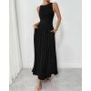 imageBTFBM Women 2025 Summer Sleeveless Ruched Maxi Dresses Boat Neck High Waist Wedding Guest Cocktail Tank Dress PocketsBlack