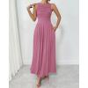 imageBTFBM Women 2025 Summer Sleeveless Ruched Maxi Dresses Boat Neck High Waist Wedding Guest Cocktail Tank Dress PocketsPink