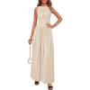 imageBTFBM Women 2025 Summer Sleeveless Ruched Maxi Dresses Boat Neck High Waist Wedding Guest Cocktail Tank Dress PocketsBeige