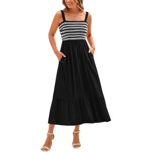 imageBTFBM Summer Maxi Dresses for Women 2025 Sleeveless Square Neck Smocked Flowy Long Beach Vacation Sundress with PocketBlack