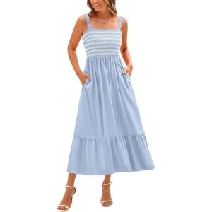 imageBTFBM Summer Maxi Dresses for Women 2025 Sleeveless Square Neck Smocked Flowy Long Beach Vacation Sundress with PocketBlue
