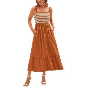 imageBTFBM Summer Maxi Dresses for Women 2025 Sleeveless Square Neck Smocked Flowy Long Beach Vacation Sundress with PocketBrown Yellow