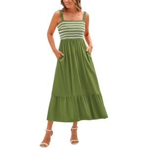 imageBTFBM Summer Maxi Dresses for Women 2025 Sleeveless Square Neck Smocked Flowy Long Beach Vacation Sundress with PocketGreen