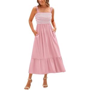 imageBTFBM Summer Maxi Dresses for Women 2025 Sleeveless Square Neck Smocked Flowy Long Beach Vacation Sundress with PocketPink