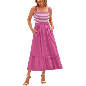 imageBTFBM Summer Maxi Dresses for Women 2025 Sleeveless Square Neck Smocked Flowy Long Beach Vacation Sundress with PocketRose Red