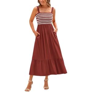imageBTFBM Summer Maxi Dresses for Women 2025 Sleeveless Square Neck Smocked Flowy Long Beach Vacation Sundress with PocketRust Red