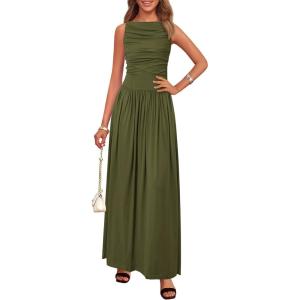 imageBTFBM Women 2025 Summer Sleeveless Ruched Maxi Dresses Boat Neck High Waist Wedding Guest Cocktail Tank Dress PocketsArmy Green