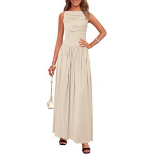 imageBTFBM Women 2025 Summer Sleeveless Ruched Maxi Dresses Boat Neck High Waist Wedding Guest Cocktail Tank Dress PocketsBeige