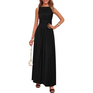 imageBTFBM Women 2025 Summer Sleeveless Ruched Maxi Dresses Boat Neck High Waist Wedding Guest Cocktail Tank Dress PocketsBlack