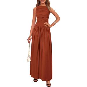 imageBTFBM Women 2025 Summer Sleeveless Ruched Maxi Dresses Boat Neck High Waist Wedding Guest Cocktail Tank Dress PocketsBrick Red