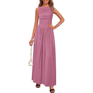 imageBTFBM Women 2025 Summer Sleeveless Ruched Maxi Dresses Boat Neck High Waist Wedding Guest Cocktail Tank Dress PocketsPink