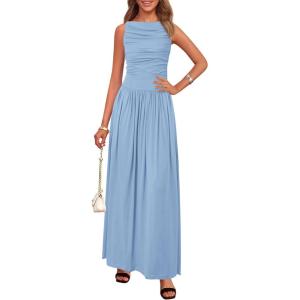 imageBTFBM Women 2025 Summer Sleeveless Ruched Maxi Dresses Boat Neck High Waist Wedding Guest Cocktail Tank Dress PocketsSky Blue