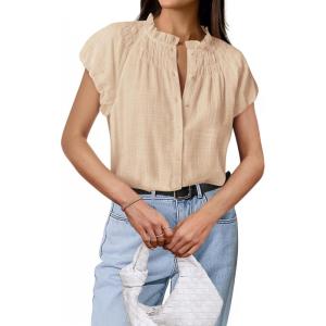 imageBTFBM Womens Dressy Casual Tops 2025 Summer Ruffle Neck Business Work Blouse Puff Short Sleeve Button Down ShirtsApricot
