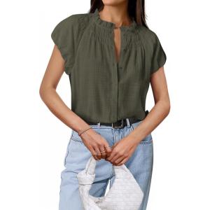 imageBTFBM Womens Dressy Casual Tops 2025 Summer Ruffle Neck Business Work Blouse Puff Short Sleeve Button Down ShirtsArmy Green