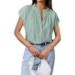 imageBTFBM Womens Dressy Casual Tops 2025 Summer Ruffle Neck Business Work Blouse Puff Short Sleeve Button Down ShirtsBean Green