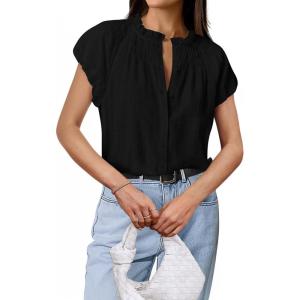 imageBTFBM Womens Dressy Casual Tops 2025 Summer Ruffle Neck Business Work Blouse Puff Short Sleeve Button Down ShirtsBlack