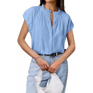 imageBTFBM Womens Dressy Casual Tops 2025 Summer Ruffle Neck Business Work Blouse Puff Short Sleeve Button Down ShirtsBlue
