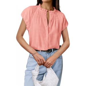 imageBTFBM Womens Dressy Casual Tops 2025 Summer Ruffle Neck Business Work Blouse Puff Short Sleeve Button Down ShirtsPink