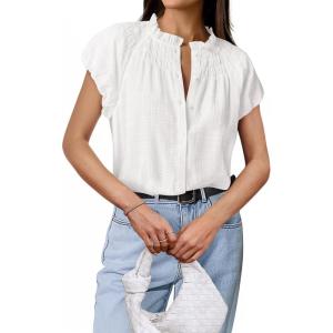 imageBTFBM Womens Dressy Casual Tops 2025 Summer Ruffle Neck Business Work Blouse Puff Short Sleeve Button Down ShirtsWhite