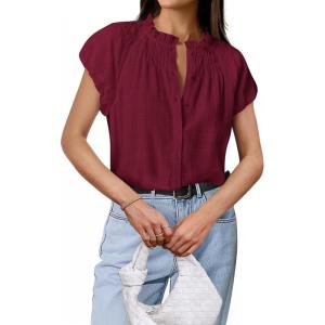 imageBTFBM Womens Dressy Casual Tops 2025 Summer Ruffle Neck Business Work Blouse Puff Short Sleeve Button Down ShirtsWine Red