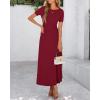 imageBTFBM 2025 Womens Summer 2 Piece Outfits Short Sleeve Crewneck Ruched Slim Fit Tops Flowy Knit Maxi Skirt SetsWine Red