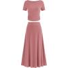 imageBTFBM 2025 Womens Summer 2 Piece Outfits Short Sleeve Crewneck Ruched Slim Fit Tops Flowy Knit Maxi Skirt SetsPink