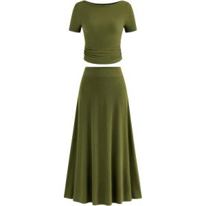 imageBTFBM 2025 Womens Summer 2 Piece Outfits Short Sleeve Crewneck Ruched Slim Fit Tops Flowy Knit Maxi Skirt SetsArmy Green