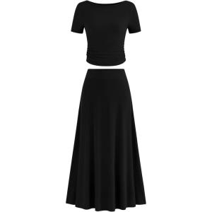 imageBTFBM 2025 Womens Summer 2 Piece Outfits Short Sleeve Crewneck Ruched Slim Fit Tops Flowy Knit Maxi Skirt SetsBlack