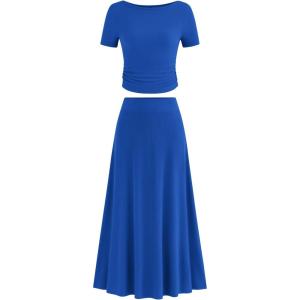 imageBTFBM 2025 Womens Summer 2 Piece Outfits Short Sleeve Crewneck Ruched Slim Fit Tops Flowy Knit Maxi Skirt SetsBlue