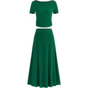 imageBTFBM 2025 Womens Summer 2 Piece Outfits Short Sleeve Crewneck Ruched Slim Fit Tops Flowy Knit Maxi Skirt SetsGreen