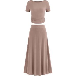 imageBTFBM 2025 Womens Summer 2 Piece Outfits Short Sleeve Crewneck Ruched Slim Fit Tops Flowy Knit Maxi Skirt SetsKhaki