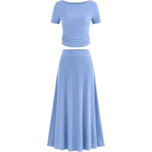 imageBTFBM 2025 Womens Summer 2 Piece Outfits Short Sleeve Crewneck Ruched Slim Fit Tops Flowy Knit Maxi Skirt SetsLight Blue